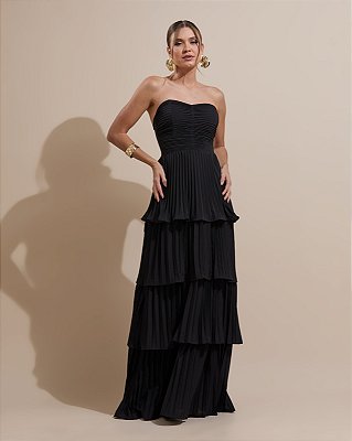 VESTIDO LONGO CHIFFON TOMARA QUE CAIA PLISSADO BUSTO E COMPRIMENTO PRETO