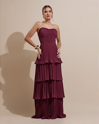 VESTIDO LONGO CHIFFON TOMARA QUE CAIA PLISSADO BUSTO E COMPRIMENTO MARSALA