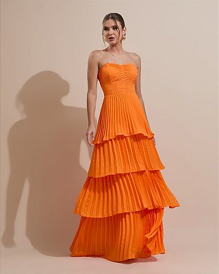 VESTIDO LONGO CHIFFON TOMARA QUE CAIA PLISSADO BUSTO E COMPRIMENTO LARANJA