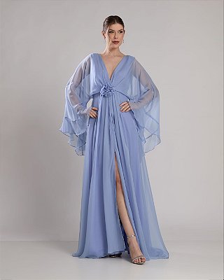 VESTIDO LONGO CREPE DE DECOTE V COM FLOR REMOVÍVEL DECOTE COSTAS COM AMARRAÇÃO AZUL SERENITY