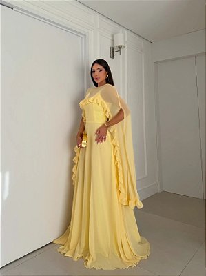 VESTIDO LONGO CREPE DE SEDA DE ALCINHA C/CAPA BABADOS REMOVÍVEL AMARELO MANTEIGA