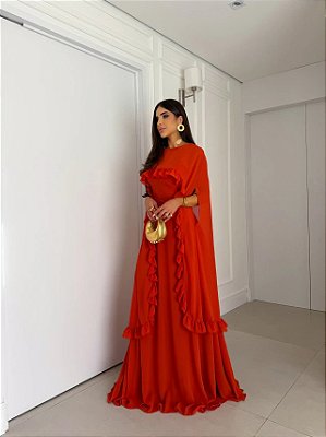 VESTIDO LONGO CREPE DE SEDA DE ALCINHA C/CAPA BABADOS REMOVÍVEL  TERRACOTA