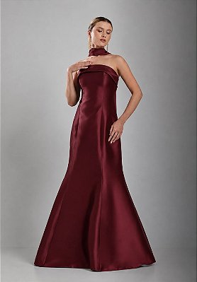 VESTIDO LONGO ZIBELINE TOMARA QUE CAIA DETALHE BUSTO C/ENCHARPE MARSALA