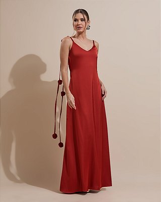 VESTIDO LONGO SEDA  ALÇAS FINAS C/AMARRAÇÃO DETALHE FLOR VERDE TERRACOTA