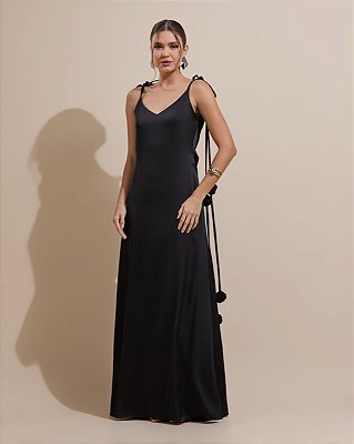 VESTIDO LONGO SEDA  ALÇAS FINAS C/AMARRAÇÃO DETALHE FLOR VERDE PRETO