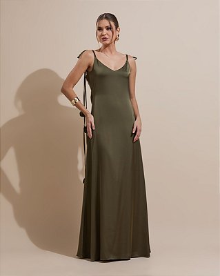 VESTIDO LONGO SEDA  ALÇAS FINAS C/AMARRAÇÃO DETALHE FLOR VERDE OLIVA