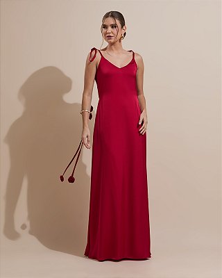 VESTIDO LONGO SEDA  ALÇAS FINAS C/AMARRAÇÃO DETALHE FLOR MARSALA