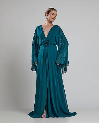 VESTIDO LONGO CREPE DE DECOTE V COM FLOR REMOVÍVEL DECOTE COSTAS COM AMARRAÇÃO VERDE PETROLEO