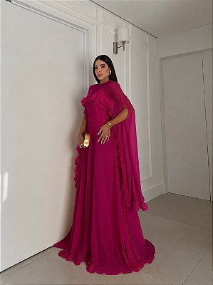 VESTIDO LONGO CREPE DE SEDA DE ALCINHA C/CAPA BABADOS REMOVÍVEL  FUCSIA