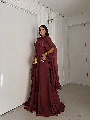VESTIDO LONGO CREPE DE SEDA DE ALCINHA C/CAPA BABADOS REMOVÍVEL  MARSALA