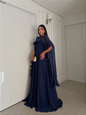 VESTIDO LONGO CREPE DE SEDA DE ALCINHA C/CAPA BABADOS REMOVÍVEL AZUL MARINHO