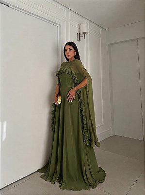 VESTIDO LONGO CREPE DE SEDA DE ALCINHA C/CAPA BABADOS REMOVÍVEL VERDE OLIVA