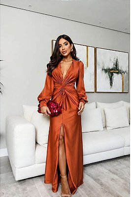 VESTIDO LONGO PRADA C/ELASTANO MANGA LONGA DETALHE DRAPEADO NO BUSTO E COSTAS FENDA TERRACOTA