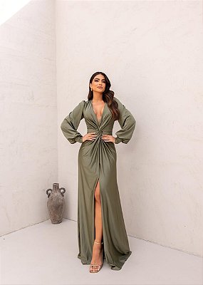 VESTIDO LONGO PRADA C/ELASTANO MANGA LONGA DETALHE DRAPEADO NO BUSTO E COSTAS FENDA VERDE OLIVA