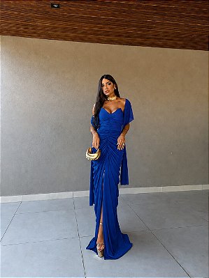 VESTIDO LONGO MICROTULE TOMARA QUE CAIA DRAPEADO COMPRIMENTO AZUL ROYAL