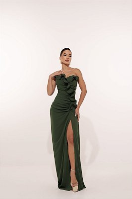 VESTIDO LONGO CREPE DE SEDA DECOTE CÔNCAVO DETALHE BABADO PLISSADO VERTICAL VERDE OLIVA