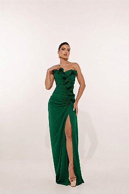VESTIDO LONGO CREPE DE SEDA DECOTE CÔNCAVO DETALHE BABADO PLISSADO VERTICAL VERDE ESMERALDA