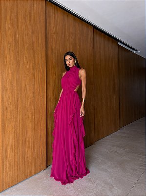 VESTIDO LONGO CHIFON GOLA ALTA CAMADAS VERTICAIS COSTA NUA FUCSIA