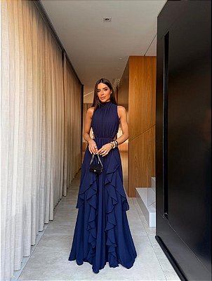 VESTIDO LONGO CHIFON GOLA ALTA CAMADAS VERTICAIS COSTA NUA  AZUL ROYAL