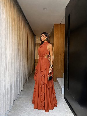 VESTIDO LONGO CHIFON GOLA ALTA CAMADAS VERTICAIS COSTA NUA  TERRACOTA