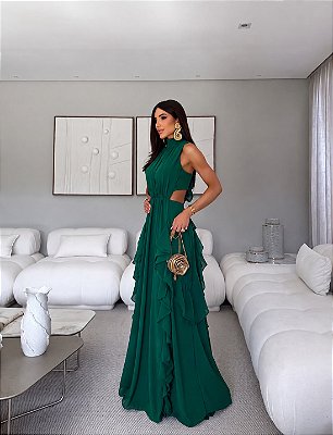 VESTIDO LONGO CHIFON GOLA ALTA CAMADAS VERTICAIS COSTA NUA VERDE ESMERALDA