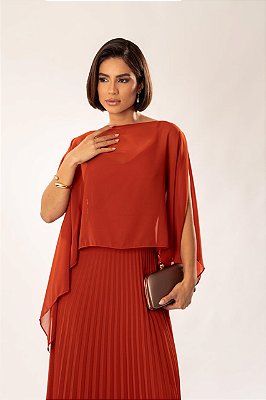 VESTIDO LONGO ALCINHA PARTE DE CIMA LISA SAIA PLISSADA COM CAPA REMOVÍVEL TERRACOTA
