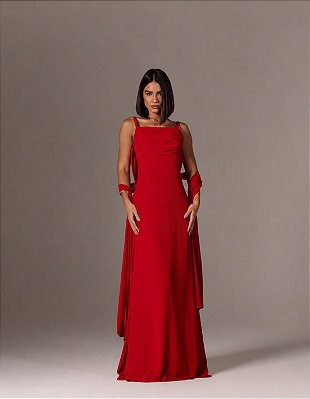 VESTIDO LONGO CREPE DE SEDA DE ALCINHA COM DETALHE DRAPEADO NO BUSTO VERMELHO