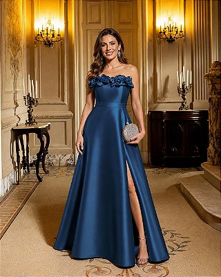 VESTIDO LONGO ZIBELINE GLOSS DETALHE FLOR  NO DECOTE ACINTURADO AZUL ATLANTICO