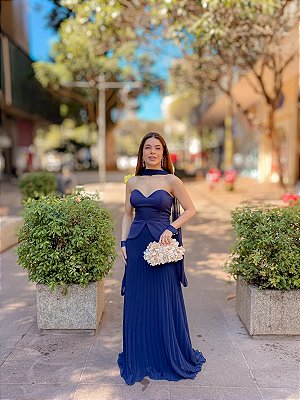 VESTIDO LONGO CHIFFON TOMARA QUE CAIA DECOTE CORAÇÃO C/ BUSTO ESTRUTURADO SAIA PLISSADA AZUL MARINHO