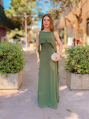 VESTIDO LONGO CHIFFON DECOTE CANOA CAPA ALÇA LARGA VERDE OLIVA
