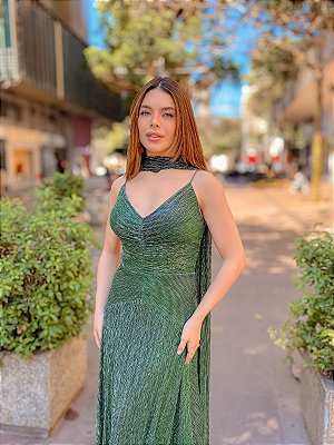 VESTIDO LONGO LUREX DECOTE V CORPETE FRANZIDO VERDE ESMERALDA