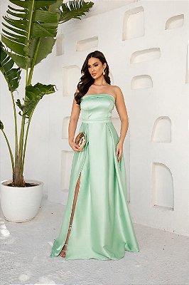 VESTIDO LONGO ZIBELINE TOMARA QUE CAIA FAIXA ACINTURADA E FENDA VERDE MENTA