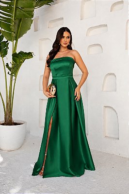 VESTIDO LONGO ZIBELINE TOMARA QUE CAIA FAIXA ACINTURADA E FENDA VERDE BANDEIRA