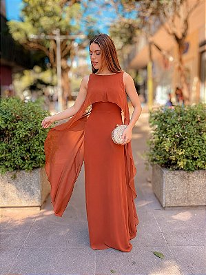 VESTIDO LONGO CHIFFON DECOTE CANOA CAPA ALÇA LARGA TERRACOTA