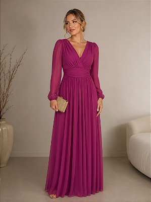VESTIDO LONGO MICROTULE MANGA LONGA PALA BUSTO DECOTE V FUCSIA