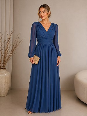 VESTIDO LONGO MICROTULE MANGA LONGA PALA BUSTO DECOTE V AZUL COBALTO
