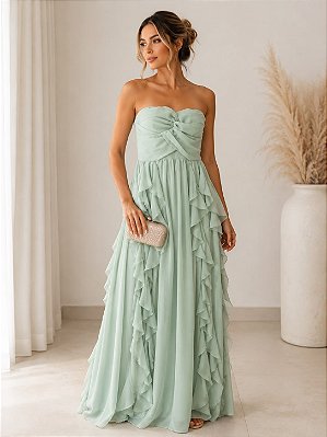 VESTIDO LONGO CHIFFON TOMARA QUE CAIA DRAPEADO CRUZADO BUSTO SAIA BABADOS VERTICAIS VERDE MENTA