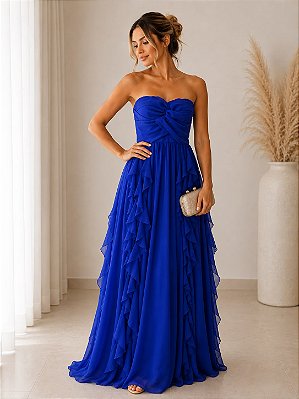 VESTIDO LONGO CHIFFON TOMARA QUE CAIA DRAPEADO CRUZADO BUSTO SAIA BABADOS VERTICAIS AZUL ROYAL