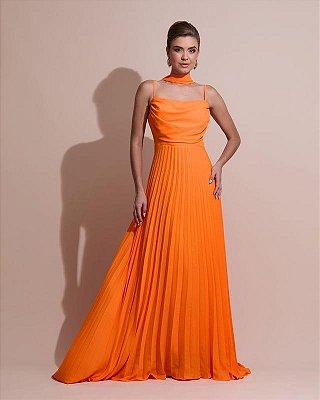 VESTIDO LONGO CREPE DE SEDA DECOTE CANOA SOBREPOSTO DRAPEADO COMPRIMENTO PLISSADO LARANJA