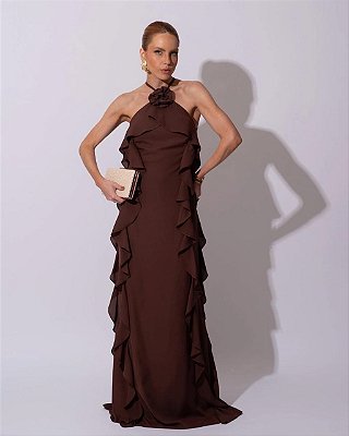 VESTIDO LONGO CREPE DE SEDA AMARRAÇÃO GOLA BUSTO E COMPRIMENTO C/ DETALHE BABADOS MARROM