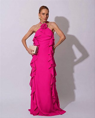 VESTIDO LONGO CREPE DE SEDA AMARRAÇÃO GOLA BUSTO E COMPRIMENTO C/ DETALHE BABADOS PINK