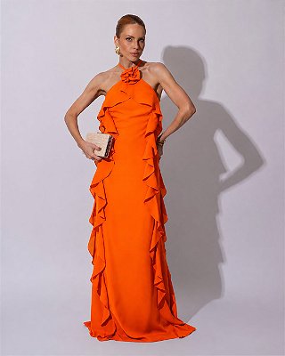 VESTIDO LONGO CREPE DE SEDA AMARRAÇÃO GOLA BUSTO E COMPRIMENTO C/ DETALHE BABADOS LARANJA