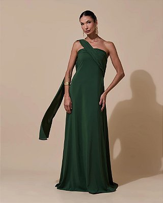 VESTIDO LONGO CREPE DE SEDA DECOTE RETO SEM ALÇA C/ FAIXA AMARRAÇÃO COSTAS VERDE OLIVA
