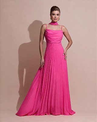 VESTIDO LONGO CREPE DE SEDA DECOTE CANOA SOBREPOSTO DRAPEADO COMPRIMENTO PLISSADO PINK