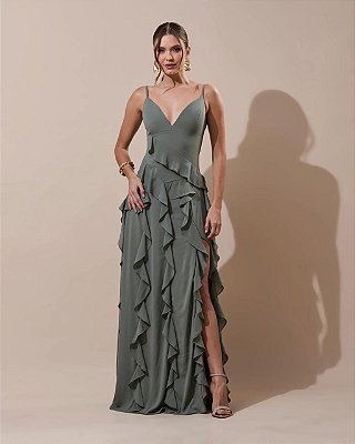VESTIDO LONGO CREPE DE SEDA ALÇA FINA DECOTE V BUSTO E SAIA C/ BABADOS VERDE OLIVA