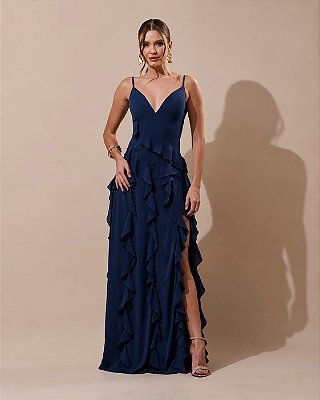 VESTIDO LONGO CREPE DE SEDA ALÇA FINA DECOTE V BUSTO E SAIA C/ BABADOS AZUL MARINHO