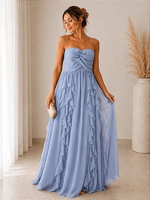 VESTIDO LONGO CHIFFON TOMARA QUE CAIA DRAPEADO CRUZADO BUSTO SAIA BABADOS VERTICAIS AZUL SERENITY