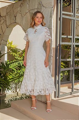 VESTIDO MIDI GOLA ALTA COMPRIMENTO EM RENDA BRANCO