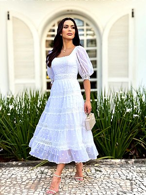 VESTIDO MIDI MUSSELINA DECOTE QUADRADO MANGAS BUFANTES BRANCO
