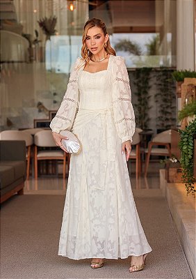 CONJUNTO LONGO TECIDO DEVORÊ C/ MANGAS BUFANTES E AMARRAÇÃO OFF-WHITE